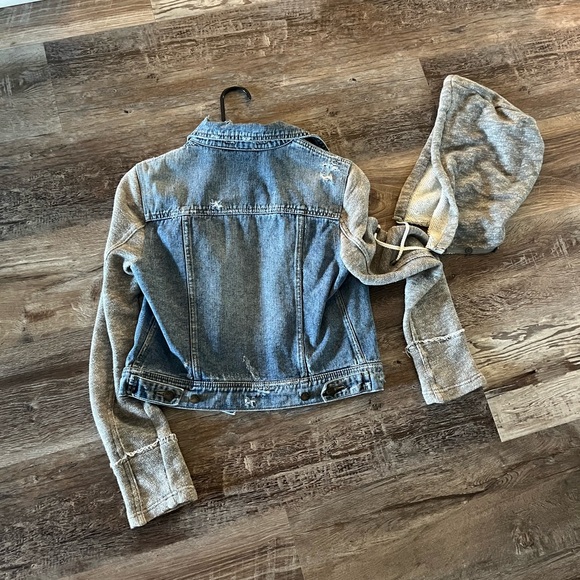 Free People FP Distressed Denim /Knit Hooded Jacket XS removable hood! - Picture 2 of 5